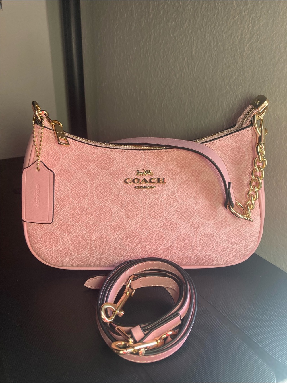 Coach Pink Signature Leather Shoulder Bag with Chain Detail